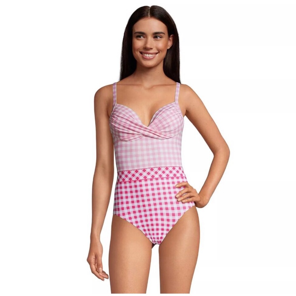 Draper James x Lands End One Piece Gingham Swimsuit Pink Color-block Checkered